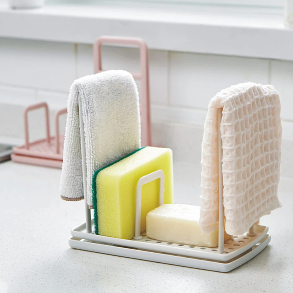 【Pink】Duster Cloth Rack Sponge Holder Drain Stand Plastic Kitchen Organizer Lightweight Space Saving Suction Towel Soap