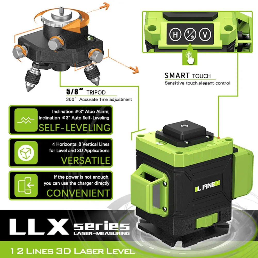 LFine 8/16/12 Lines 3D/4D Laser Level Horizontal Vertical with Remote Control 360° Self-leveling Professional Building Tools