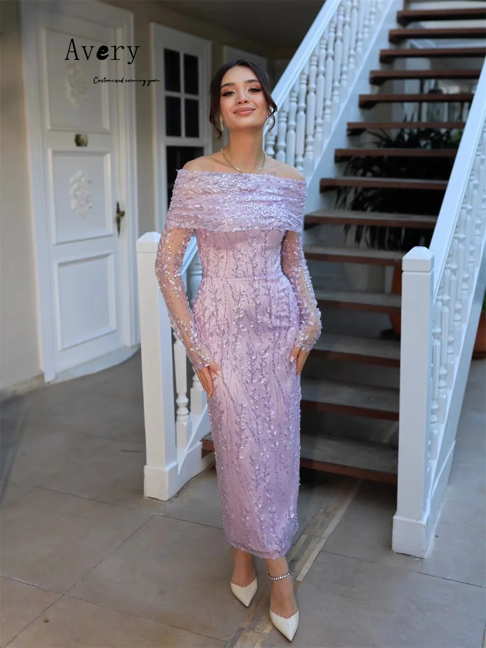 Avery personalizado encaje púrpura flores 3D cola de pez vestidos de noche elegantes para mujer vestidos de fiesta de lujo 2025 vestido de baile para mujer