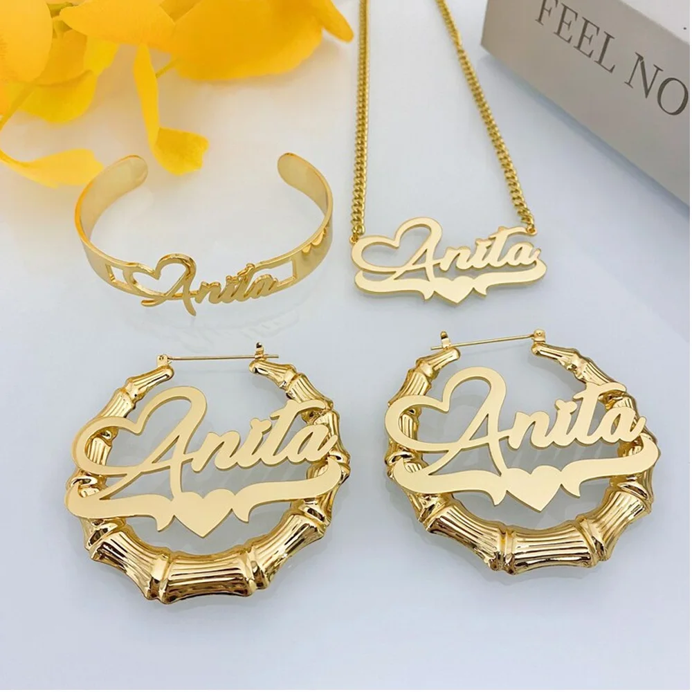 Custom Name Necklace Bracelet Bamboo Earrings Personalized Stainless Steel Bangle Necklace for Women Jewelry Set Christmas Gift