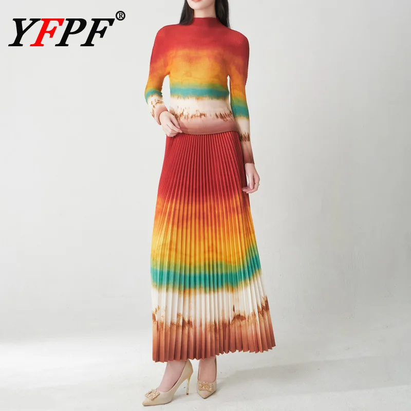 

YFPF Элегантный комплект с принтом для женщин Miyake плиссированные топы контрастного цвета с длинными рукавами + юбка со складками, модные новые комплекты 2025 года