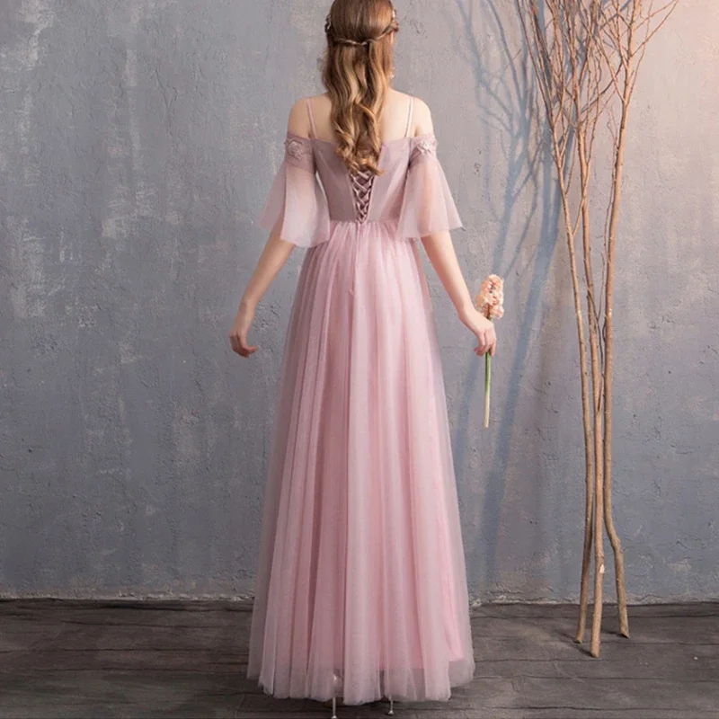 Evening Dress Pink Tulle Appliques O-neck Short Sleeves A Line Floor Length Plus size Lady Party Formal Gown Robe De Soiree R001