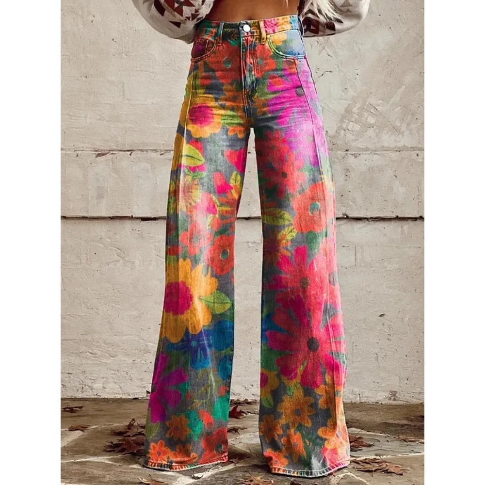 Vintage Paisley Blumenmuster Hohe Taille Weite Hose Sexy Damenhose 100% Baumwolle Lässige Lockere Hose mit Taschen XXS-3XL – Detail 13