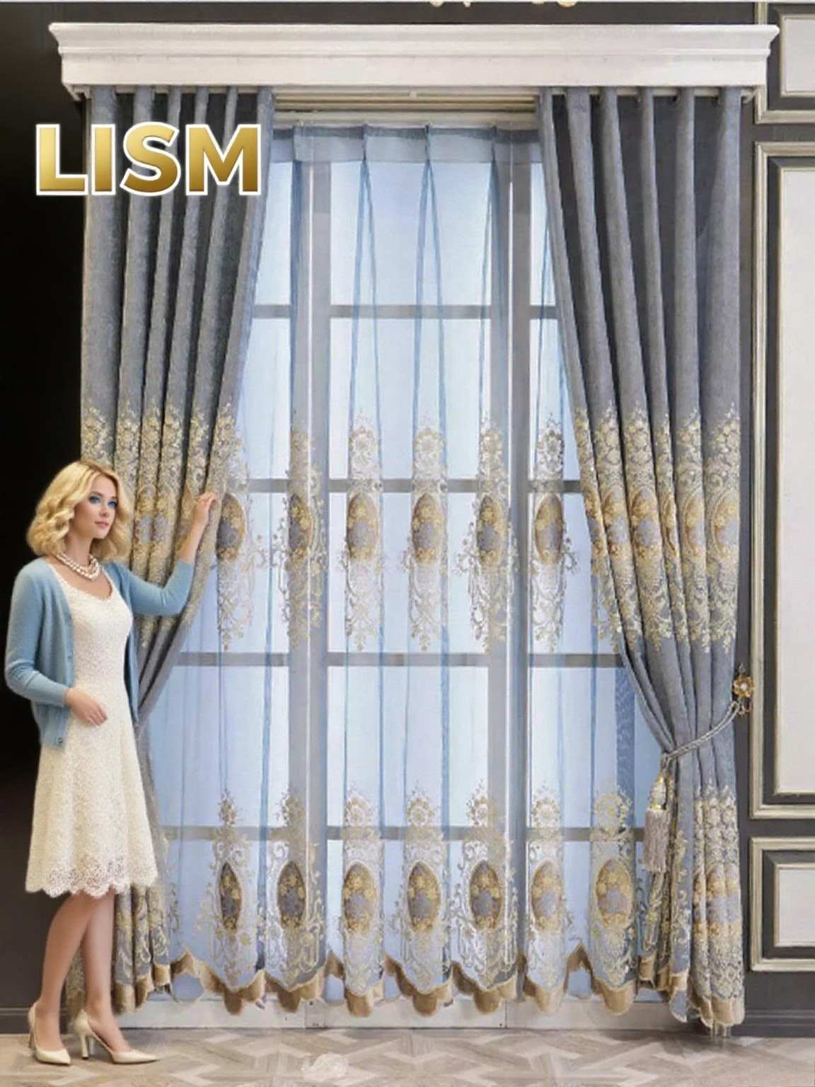 

European Style Curtains for Living Dining Room Bedroom Custom Luxury Embroidered Grey Chenille Door Window Curtain Room Decor