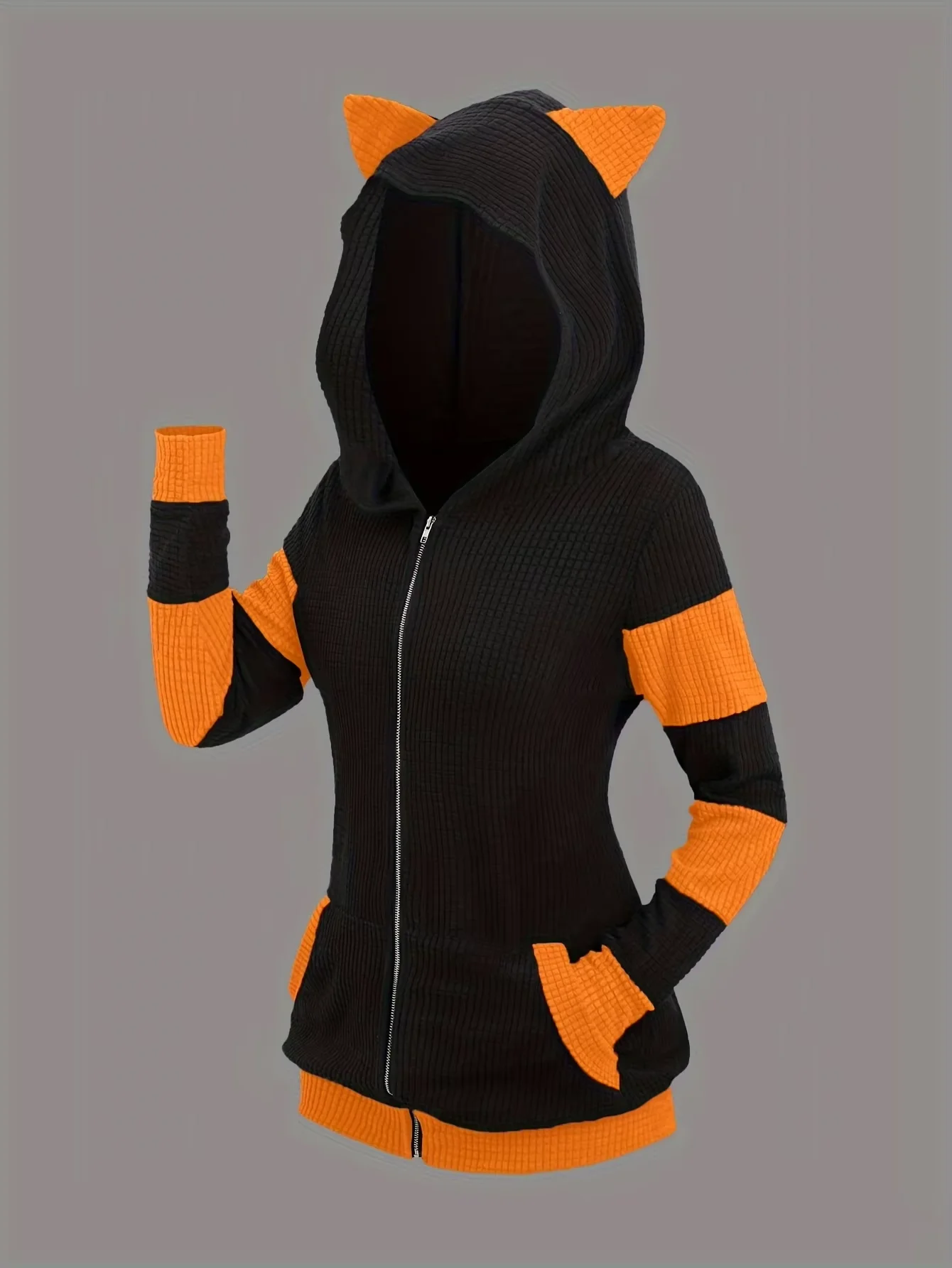 Dicker Kapuzenpullover mit Katzenohren und Reißverschluss, eine beliebte Übergrößen-Damenmode für Herbst und Winter in Europa und Amerika – Detail 15