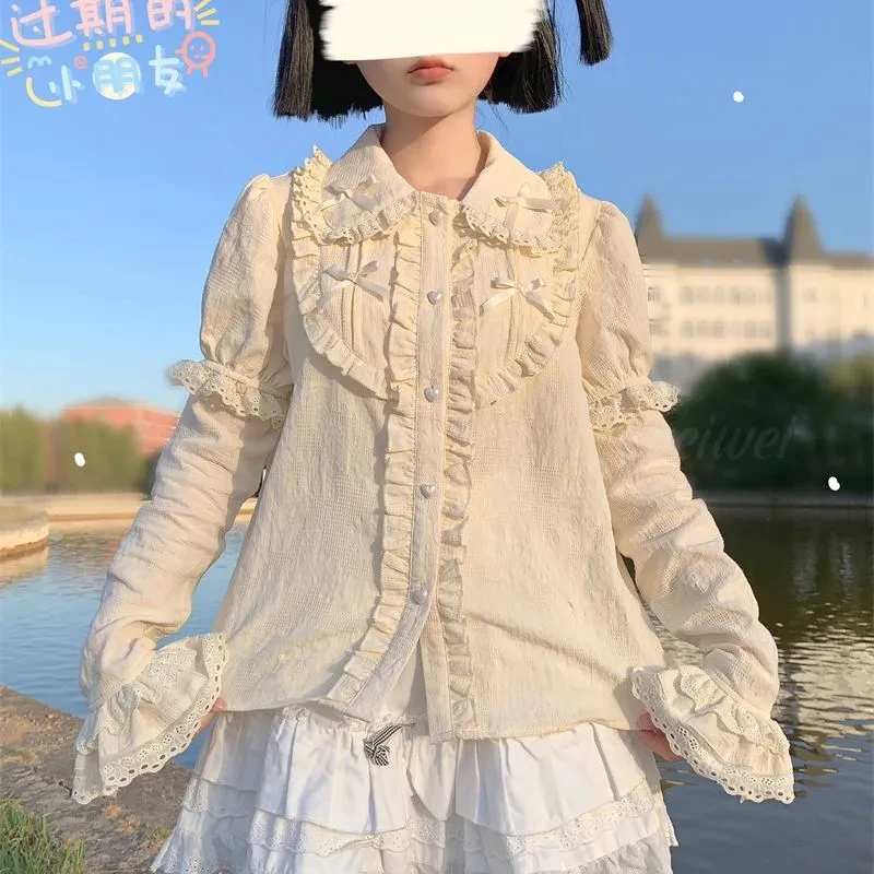 

Японские кавайные блузки в стиле Лолиты для девочек, милые кружевные рубашки принцессы с бантом и оборками со съемным рукавом, женская винтажная викторианская рубашка