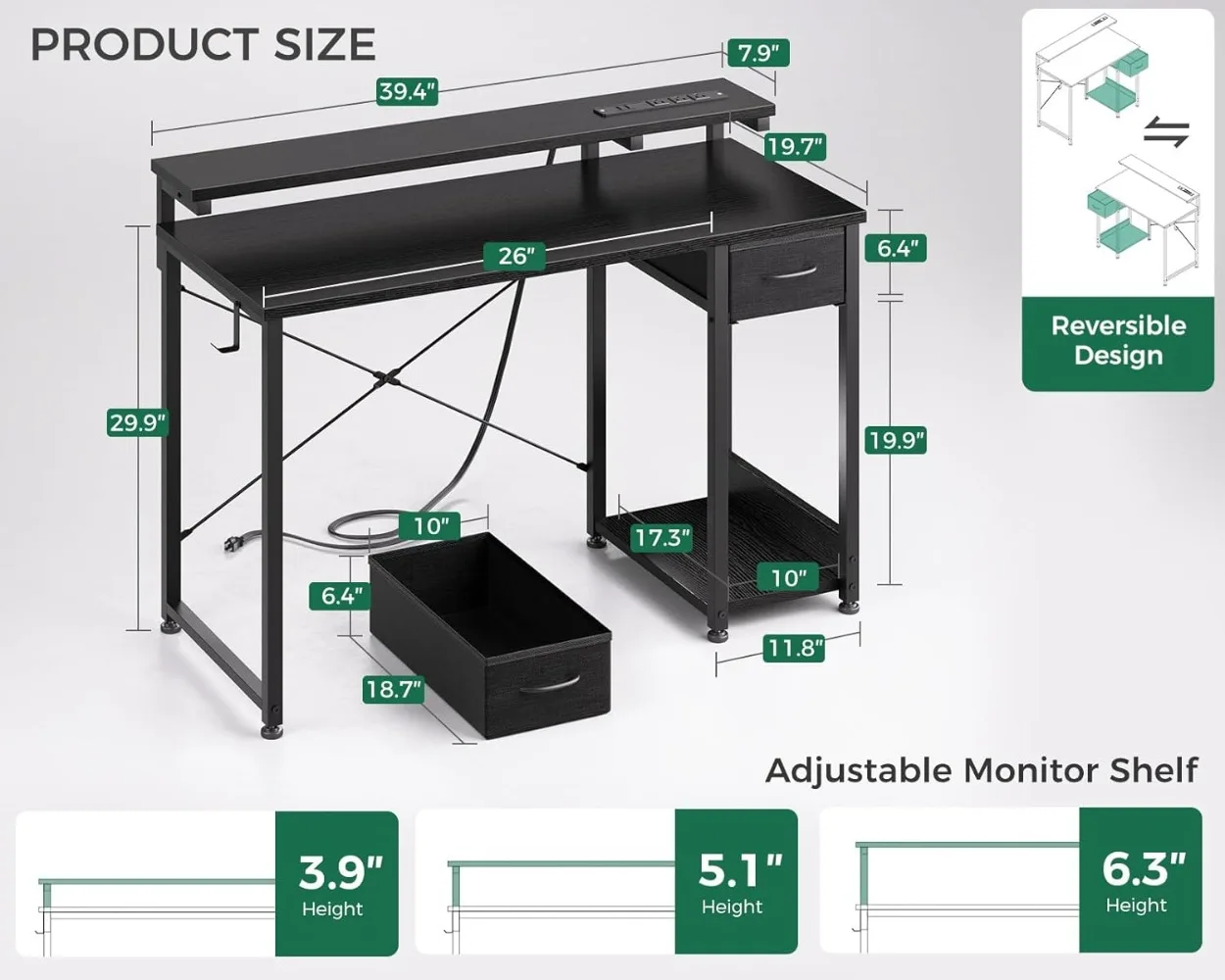 AODK with LED Lights & Power Outlet,40 in Computer Desk with Drawer,Reversible Desk with Adjustable Monitor Shelf Fr Home Office