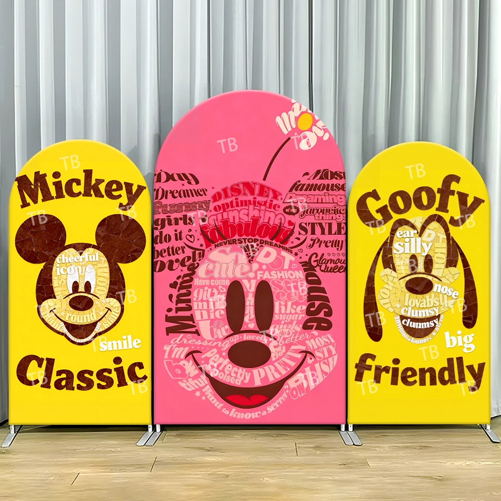 

Mickey Minnie Goofy Word Art Arch Backdrop Cover Classic Scene For Kids Birthday Party Retro Cartoon Theme Photo Booth Decor
