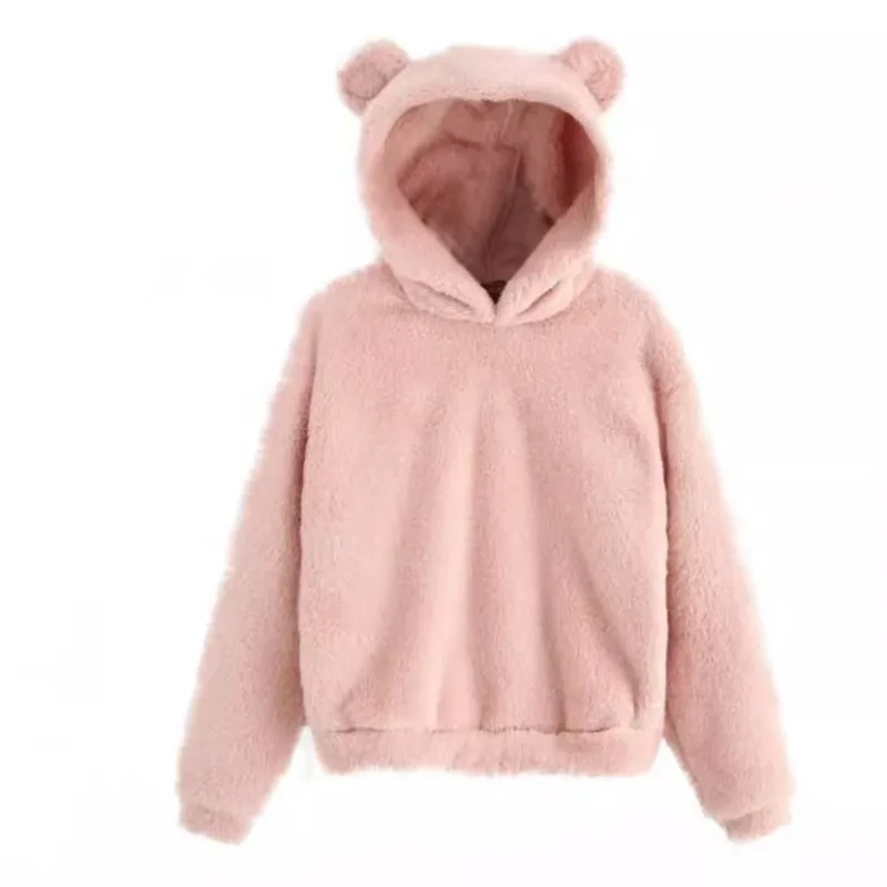 New Autumn and Winter Models Villus Bunny Ears Hoodie Warm Hooded Sweater Furry Pullover with A Hat Solid Color Cute Female