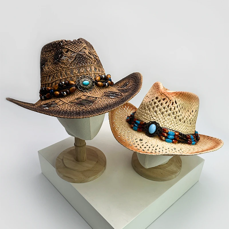 New Unisex Exotic Style Retro Bandhnu Travel Cowboy Hats Outdoor Beading Beach Sunshade Niche Straw Caps Versatile Hollow Out