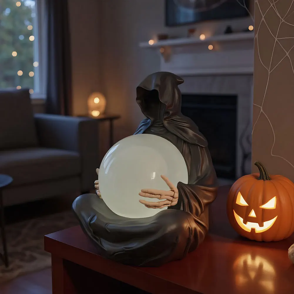LED Halloween Decoration Crystal Ball USB Charging Grim Reaper Water Globe Resin Spooky Sculpture Ornament for Desktop Decor