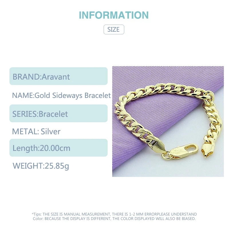 Aravant 925 Silver 10MM Gold Sideways Bracelet For Men Women Fashion Jewelry