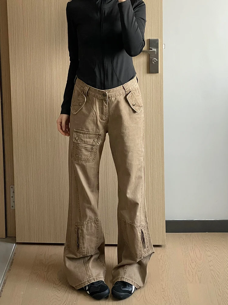 

Ретро-джинсы цвета хаки с широкими штанинами, высокой талией, длиной в пол, для женщин, весна-осень, модный дизайн, широкие брюки