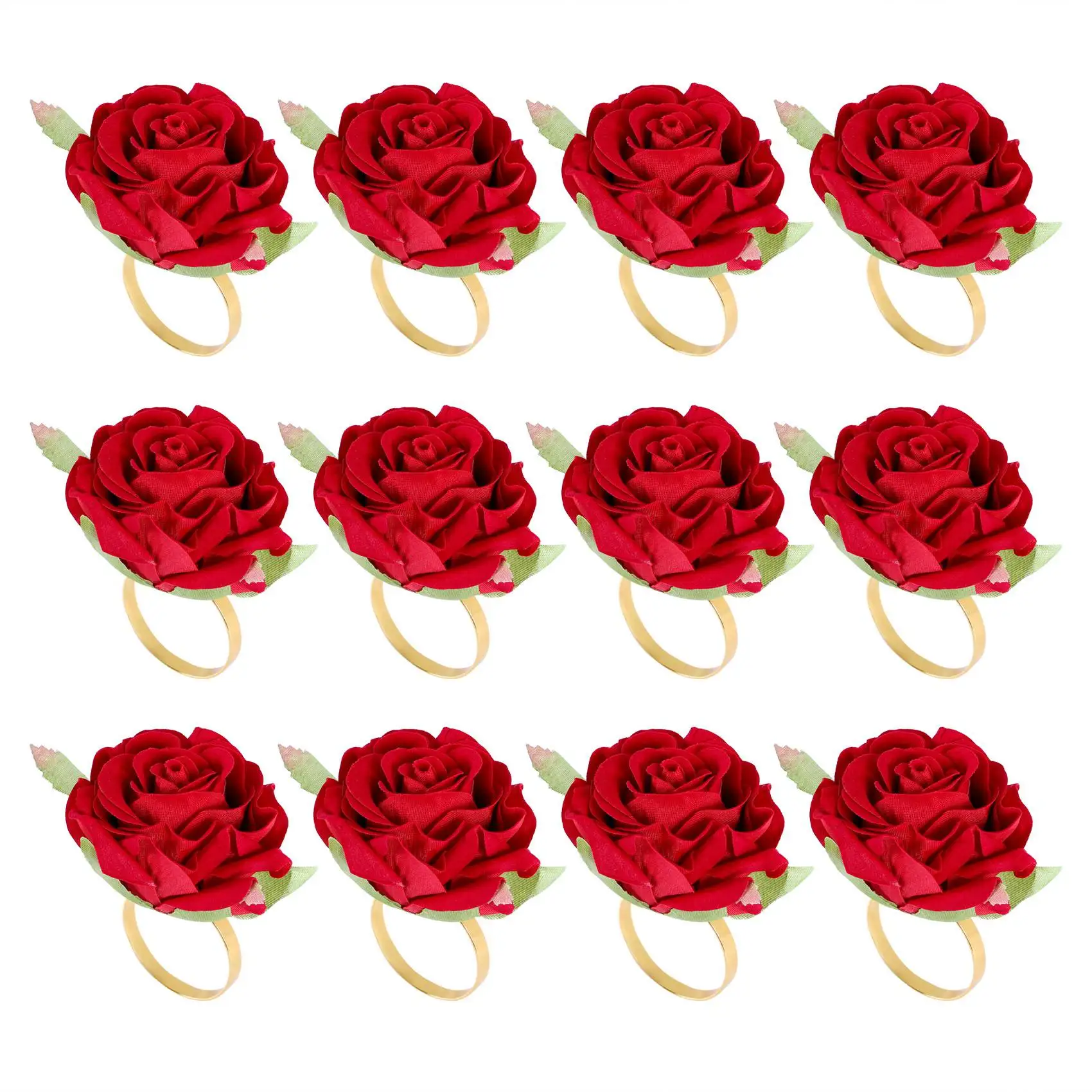 12 PCS Red Rose Shape Towel Buckle Napkin Ring Wedding Party Valentine's Day Hotel Table Decor Metal Gold Napkin Holder