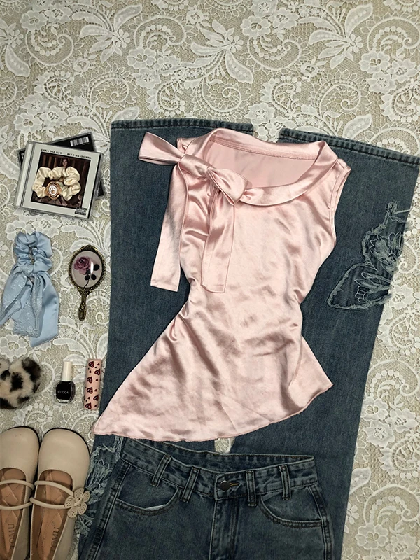 

Оригинальный розовый асимметричный шелковый топ, женский летний винтажный высококачественный смывный универсальный облегающий топ из смеси хлопка