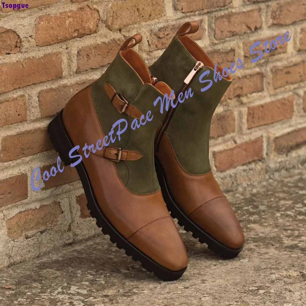 Vintage Men Patchwork Ankle Boots Brown Leather Dark Canvas Double Buckle Pointed Toe Handmade Business Casual Short Boots