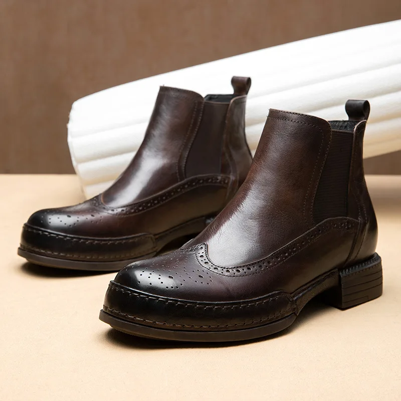 

Retro Mens Ankle Cheslea Boots Luxury Genuine Leather Handmade Elegant British Style Black Wedding Social Brogues Shoes Man 2025
