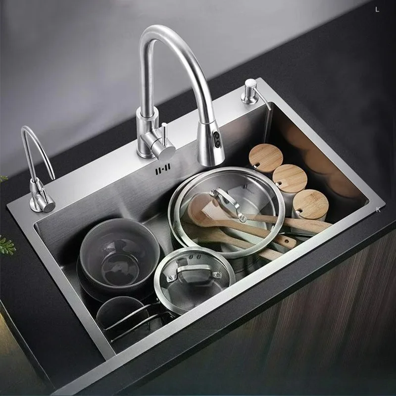 Brushed Stainless Steel Kitchen Sink 3-hole Single Slot Home Improvement Single Slot with Drains Cold and Hot Water Mixer