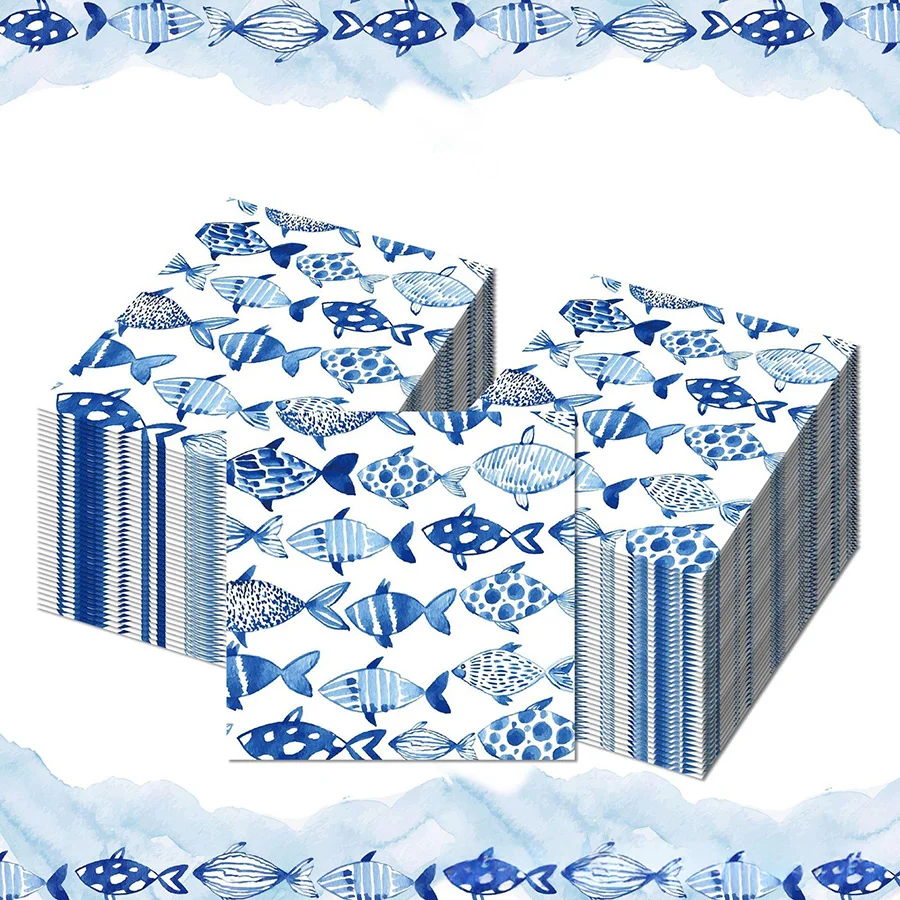 20 serviettes en papier bleues jetables, thème marin, plage, piscine, fête d'enfants, océan, pour découpage DIY