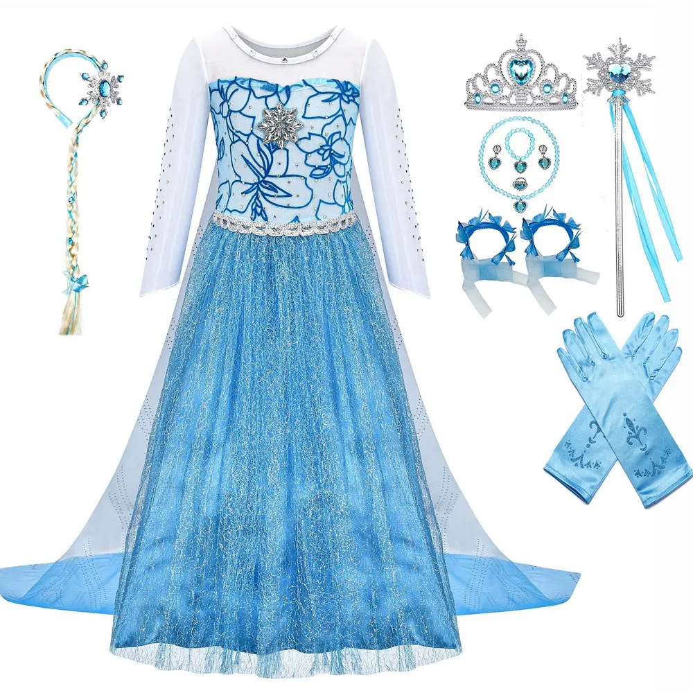 

Halloween Costumes for Kids Frozen Elsa Dresses for Girls Princess Snow Queen Gowns Kid Disfraz Set Cosplay Outfits Party