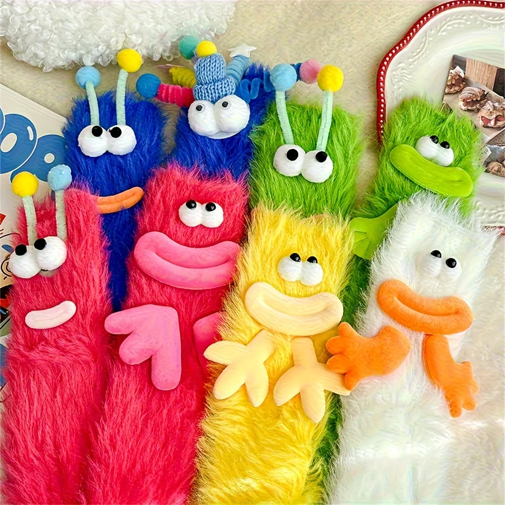 1pc Women's Funny Face Socks –3D Cartoon Eyes & Mout Fluffy Warm Crew Socks, Random Color,Fall & Winter Daily Wear