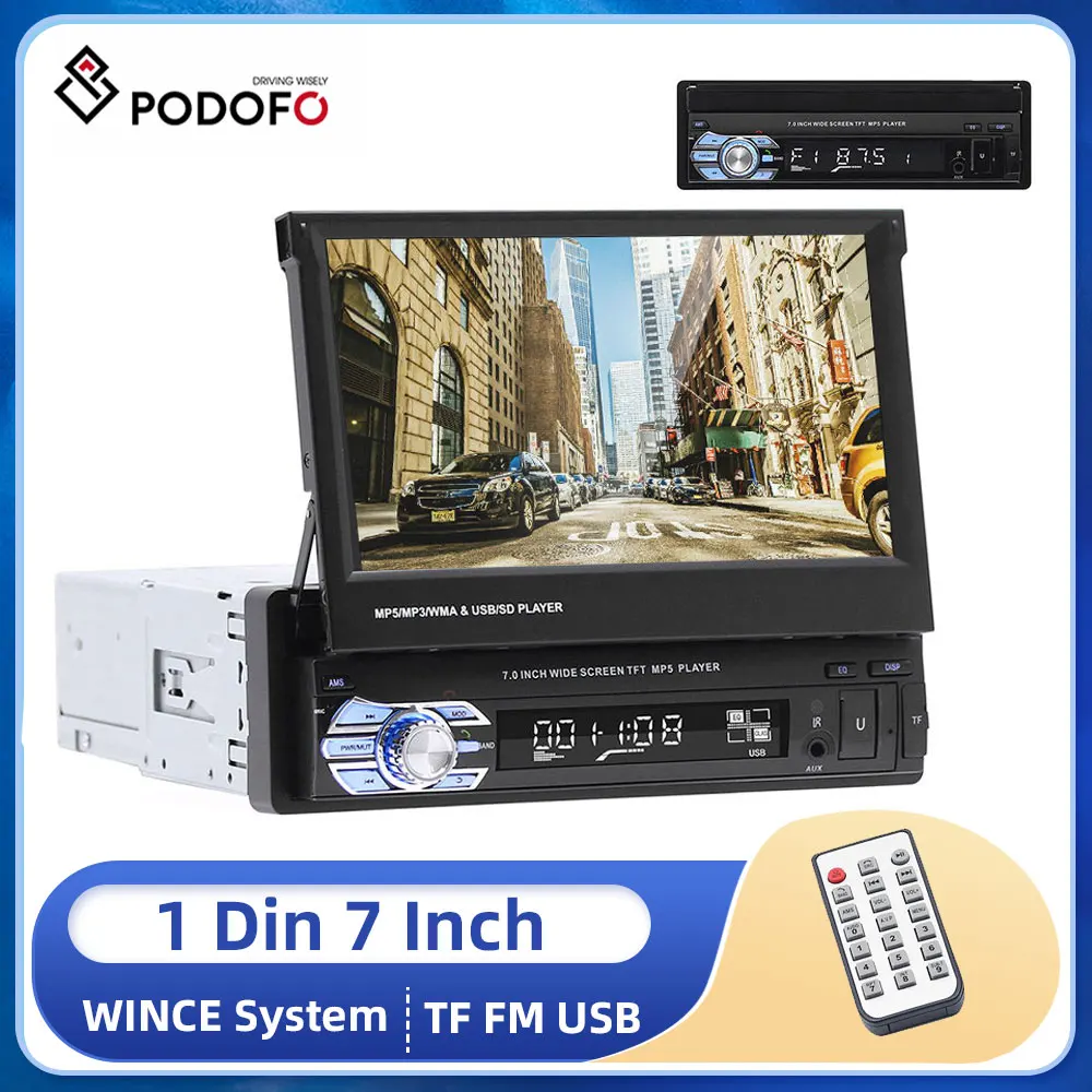 Podofo-REPRODUCTOR MP5 con GPS para coche, autorradio estéreo con pantalla táctil de 7 pulgadas, HD, 1DIN, Bluetooth, FM, MP5, USB y AUX