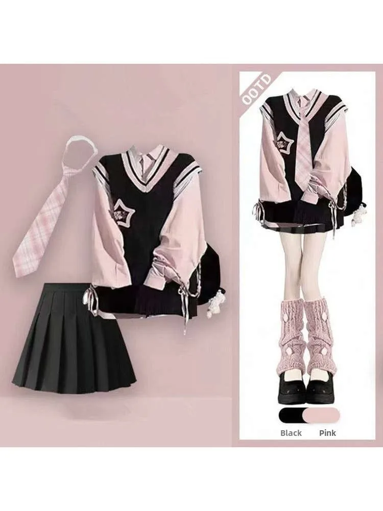 

Женский вязаный комплект из двух предметов: жилет и кофта, черная верхняя одежда для весны и осени, повседневный универсальный наряд