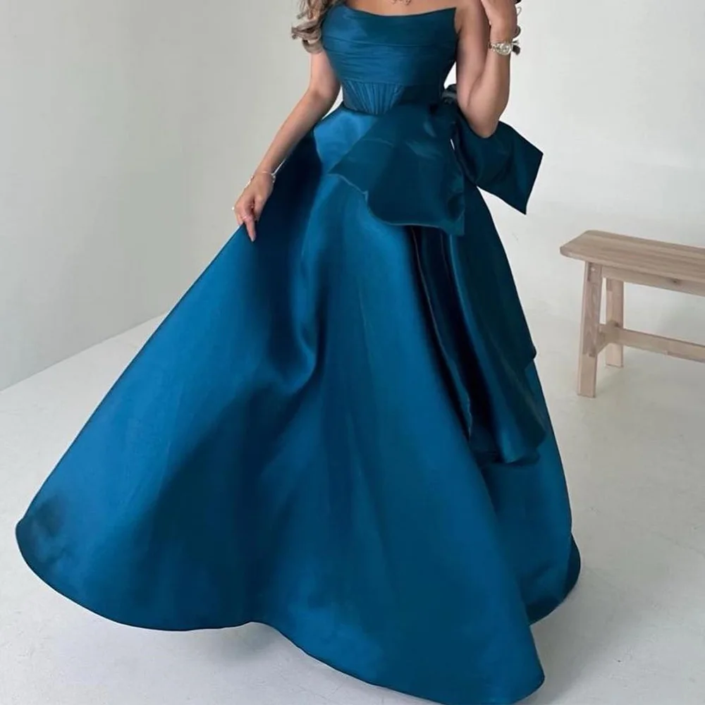 Customized Elegant Bow Satin Evening Dresses Temperament A-Line Floor Length Strapless Sleeveless Custom Size Vestidos De Fiesta