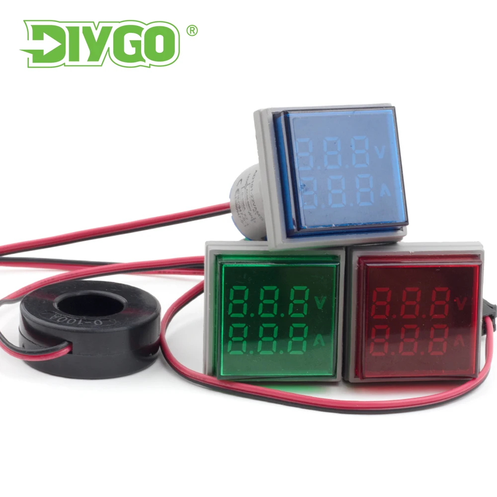 

22mm Dual LED Indicator Pilot Light Square Round Digital Voltmeter Ammeter AC 0-100A 20-500V Amp Volt Voltage Tester Meter