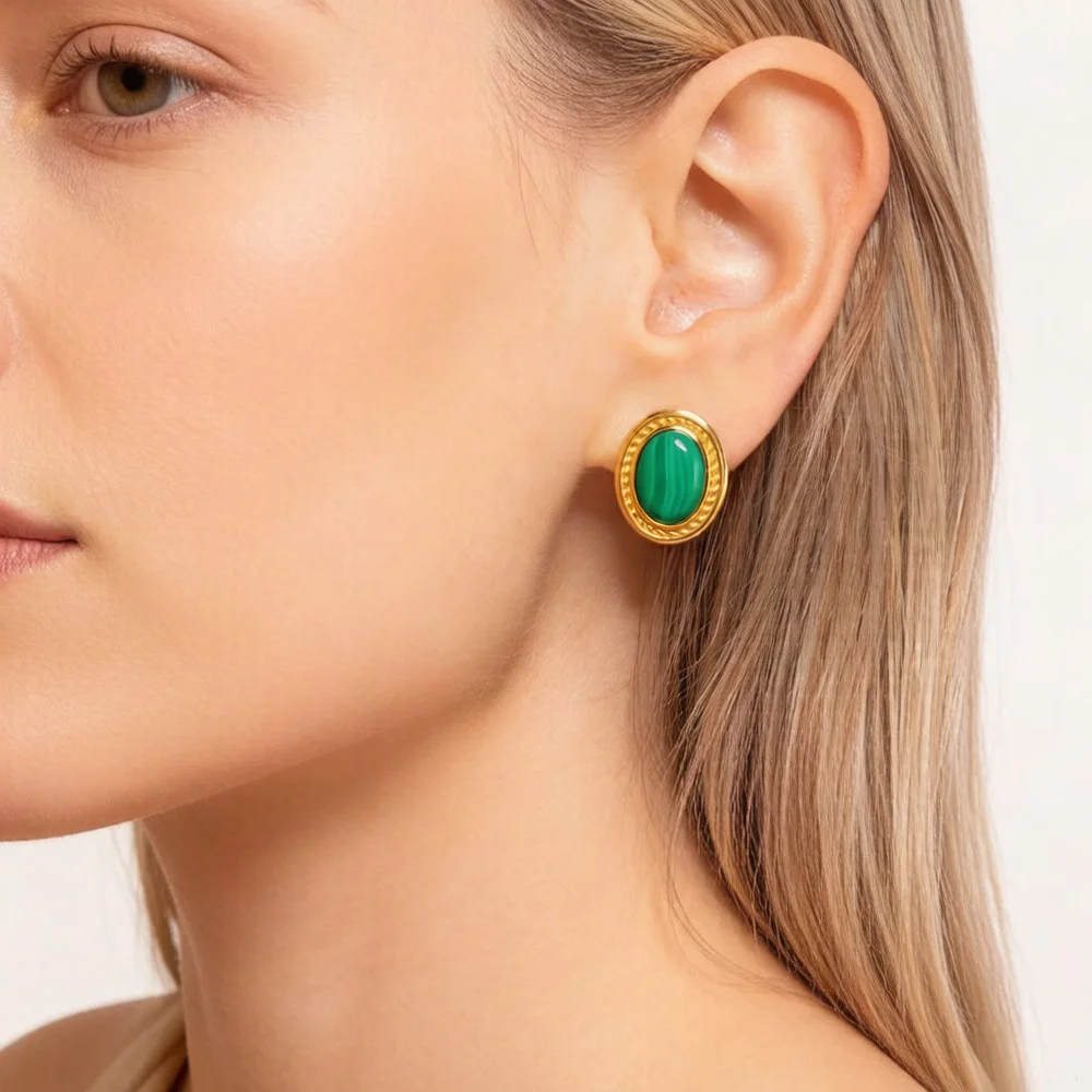 Grüne ovale Stein-Ohrstecker mit goldenen Ohrsteckern, feiner Schmuck im europäischen Stil für Frauen, brandneues Vintage-Geschenk aus 925er Sterlingsilber – Detail 2