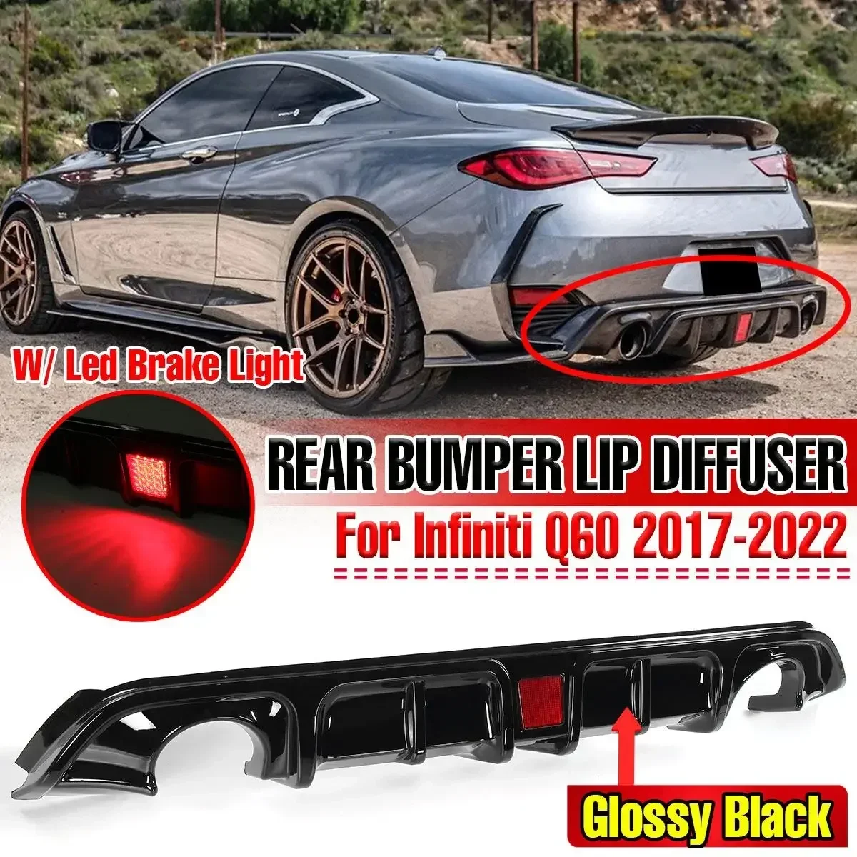 Black/Carbon Fiber Look Rear Bumper Diffuser Spoiler Lip with Led Brake Light For Infiniti Q60 2017-2022 Rear Bumper Deflector