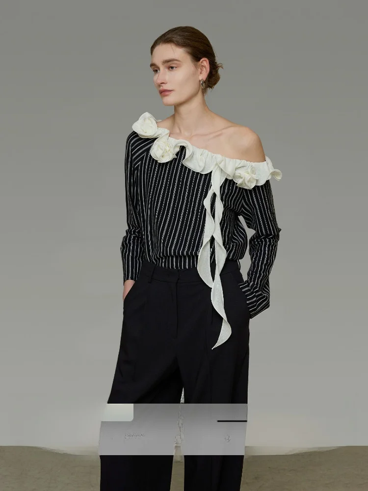 

UNSPOKEN Women's Striped irt Long Sve One-oulder Design Loose Fit Commute Sle Cotton Blend Casual Faion Top