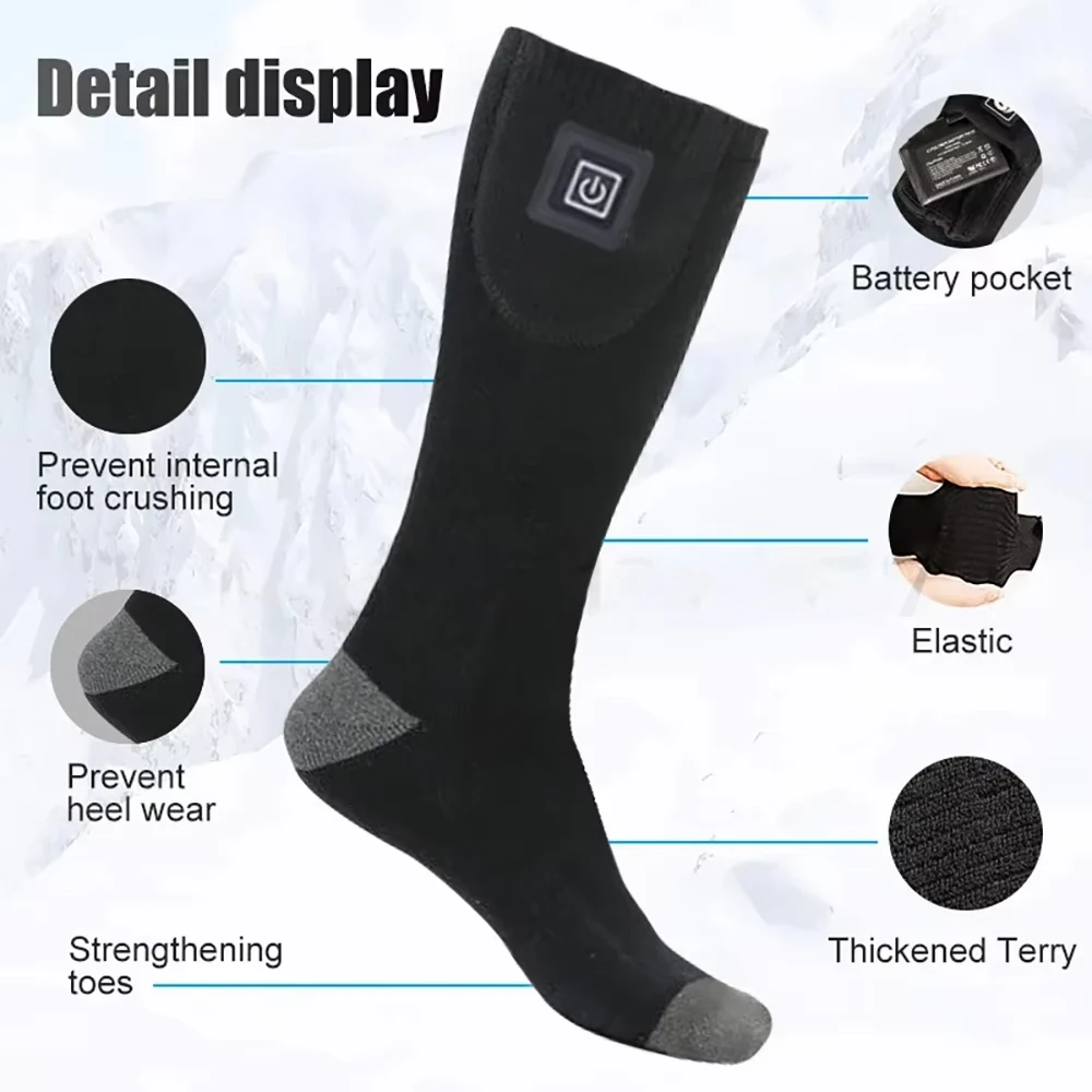 65 ℃   Calcetines calefactables eléctricos con estuche de batería, calcetines cálidos de invierno con botones controlables, calcetines calefactores para moto de nieve, caza, esquí, calcetín al aire libre