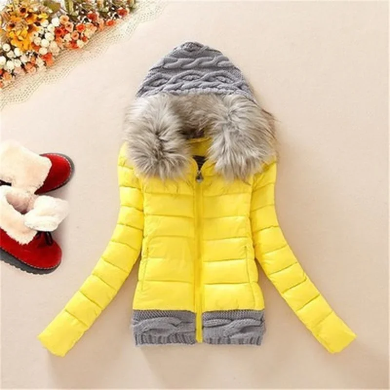 Women Alternative Thickening Down Jacket with Fur Collar Quality Jackets Winter Knitted Patchwork Hooded Long Sleeve Overcoat