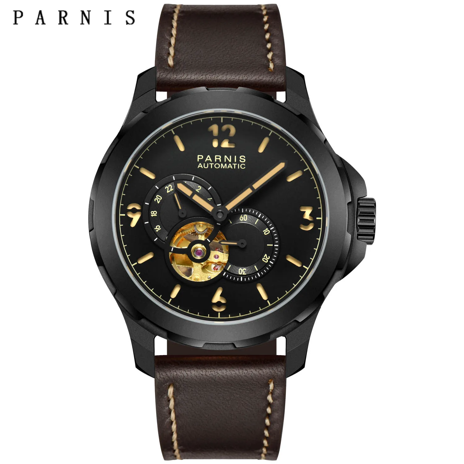 New Parnis 44mm Silver Case orologi meccanici automatici da uomo cinturino in pelle di cristallo zaffiro orologio da uomo luminoso reloj hombre