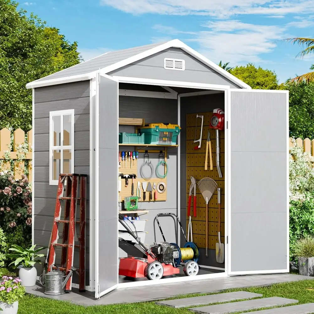 

6x3 ft Durable Outdoor Plastic Shed with Floor and Lock, Weatherproof Storage for Garden Tools, Grey