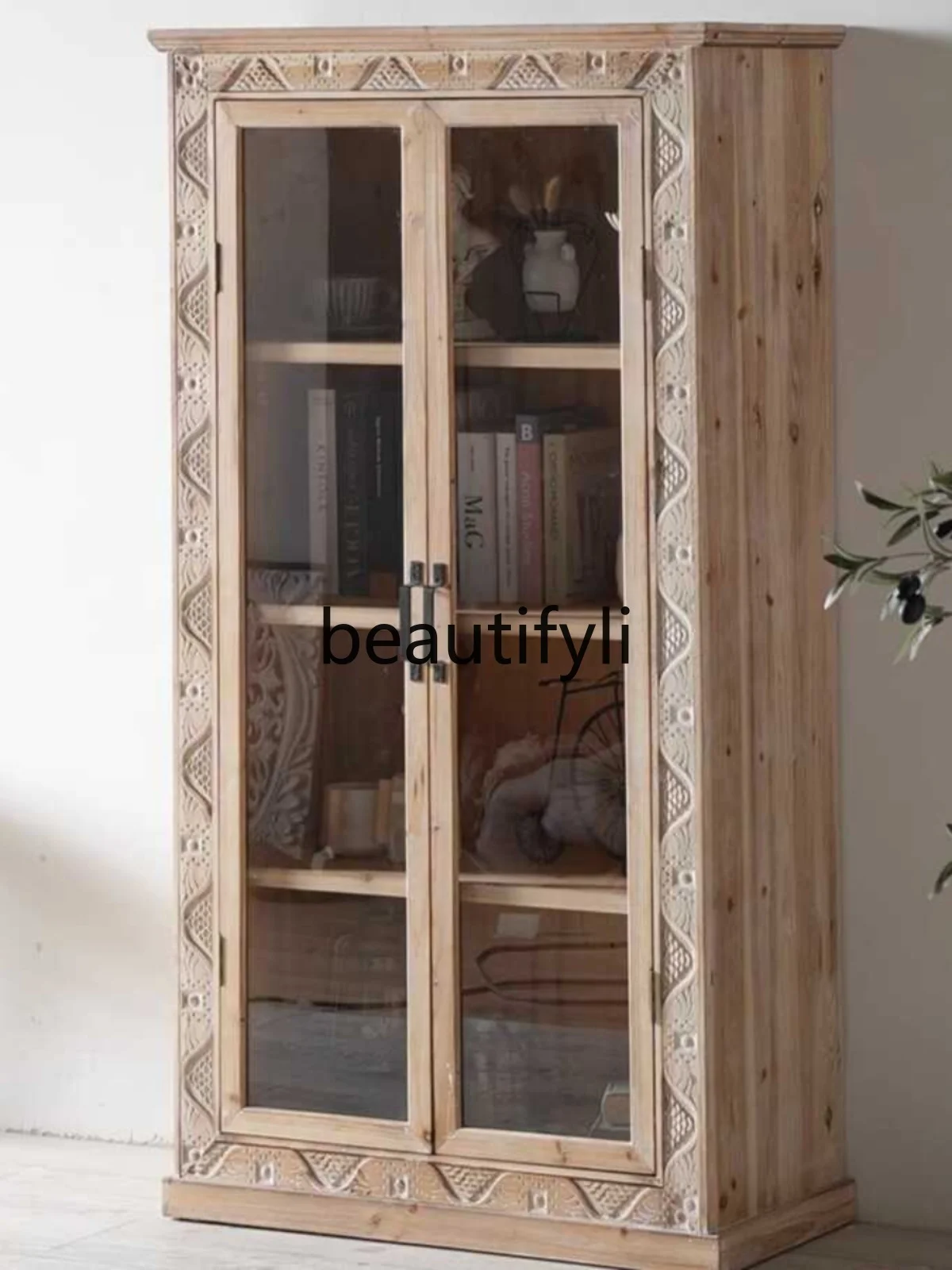 

American rural solid wood log color bookcase retro old glass door display cabinet living room study decoration