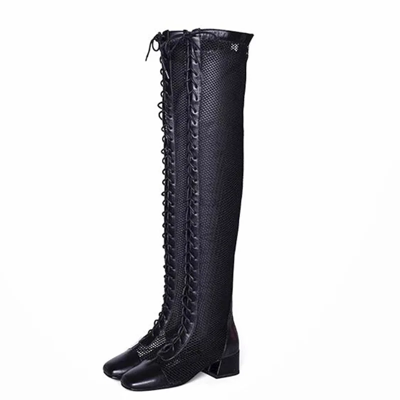 Summer Woman Square toe Cross Lace -up Fishnet Mesh Thigh Boots Chunky Heels Genuine leather Patchwork Over the Knee Boots