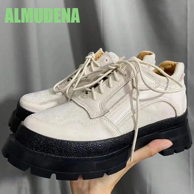 Sponge Cake Thick Soled Small Leather Shoes Fashionable British Style Front Lace Up Design Beige Casual Versatile Single Shoe