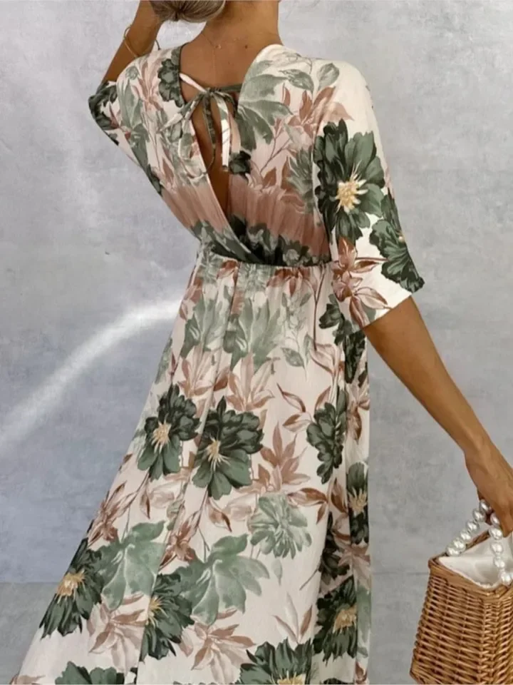 Fashion Vintage Dress For Women Casual Print V Neck High Waist Loose Dresses Lady Elegant Holiday Womens Clothing Robe Femme New