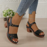 2026 Fashion Female Solid Color Round Head Fashion Flats Footwear Women'S Thick Medium Heel Adjustable Strap Sandals for Women - Image 6