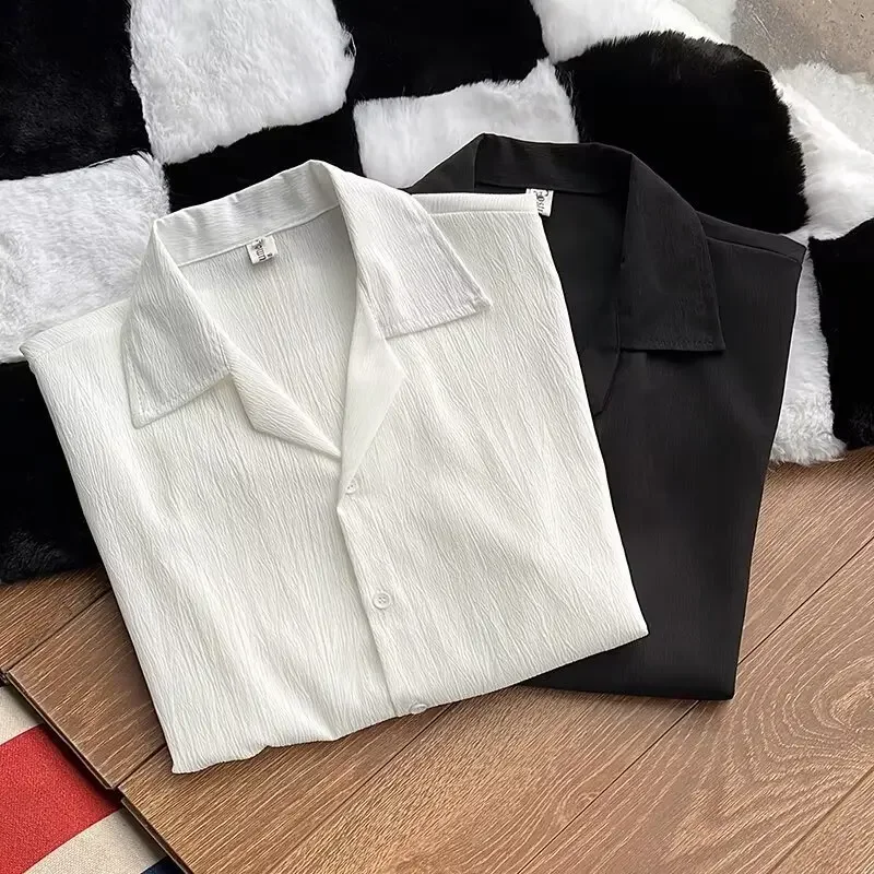 2025 Summer New Fashion Men's Black White Solid Color Casual Trendy Turn-down Collar Short Sleeve Loose Shirts Male Clothes Tops