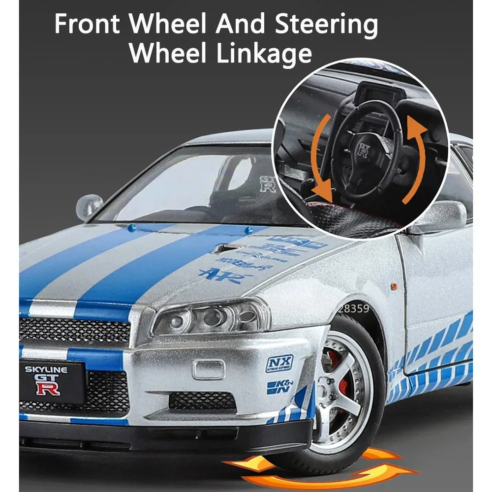 1:24 GTR-R34 modelos de brinquedo de carro esportivo liga diecast GT-R supercares som luz portas abertas puxar para trás para crianças brinquedos de entretenimento