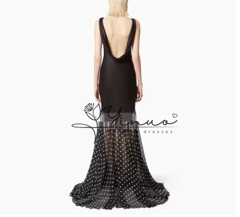 Customized  Evening Dress Black Satin Dots Chiffon Backless Sexy Evening Gown Mermaid Sleeveless Trumpet Women's Formal Party Dr