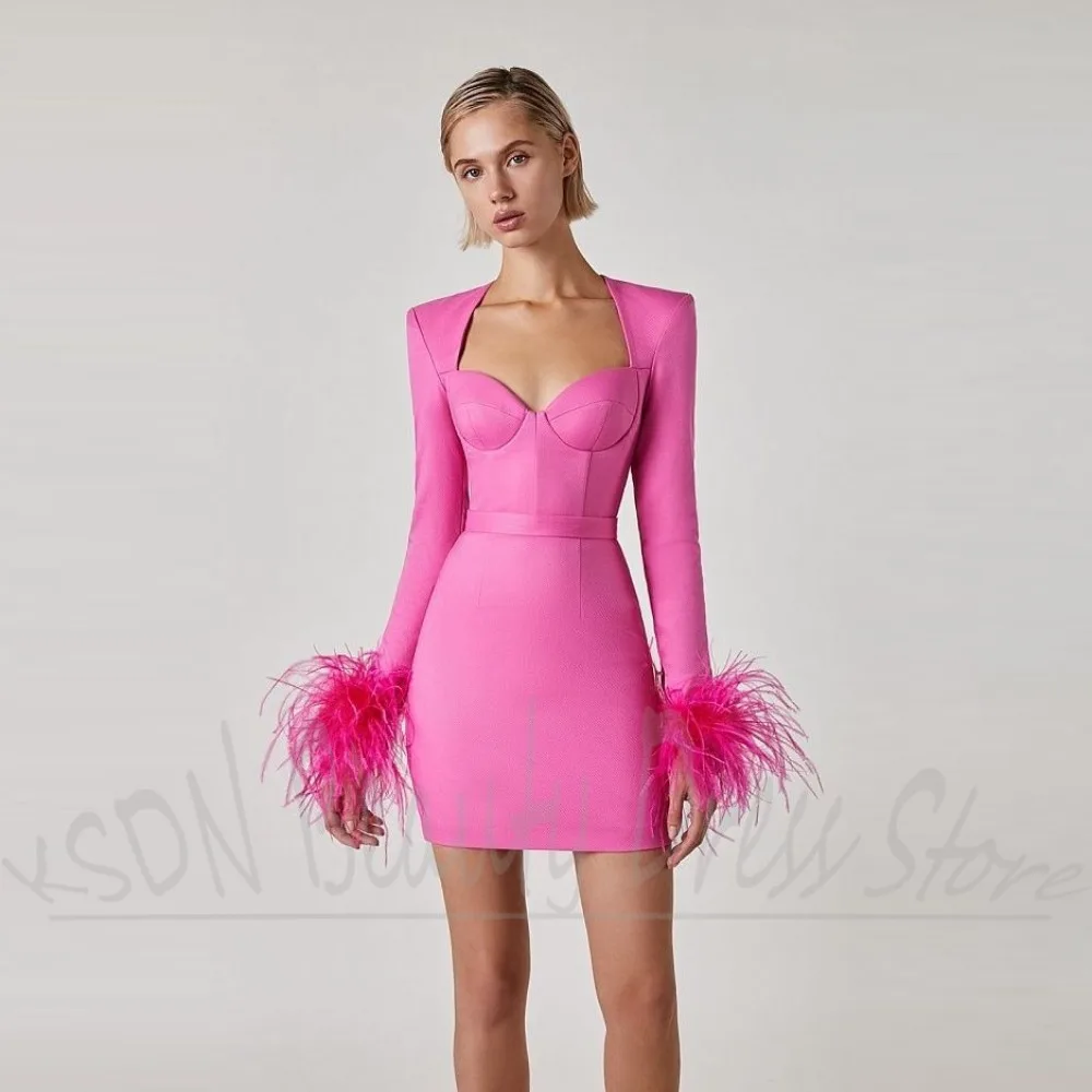 

Chic Feather Women Dresses Fashion Sweetheart Neck Long Sleeves Mini Gowns Elegant Slim Fit Simple Short Party Dresses 2025
