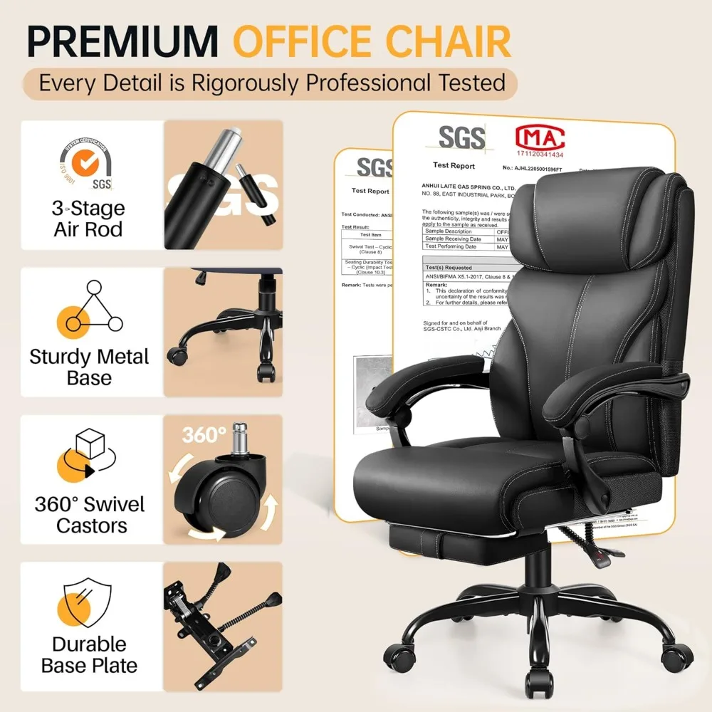 كرسي مكتب، كراسي مكتب جلدية كبيرة وطويلة تنفيذي مع مسند للقدمين، كرسي كمبيوتر مريح وجيد التهوية مع ارتفاع قابل للتعديل