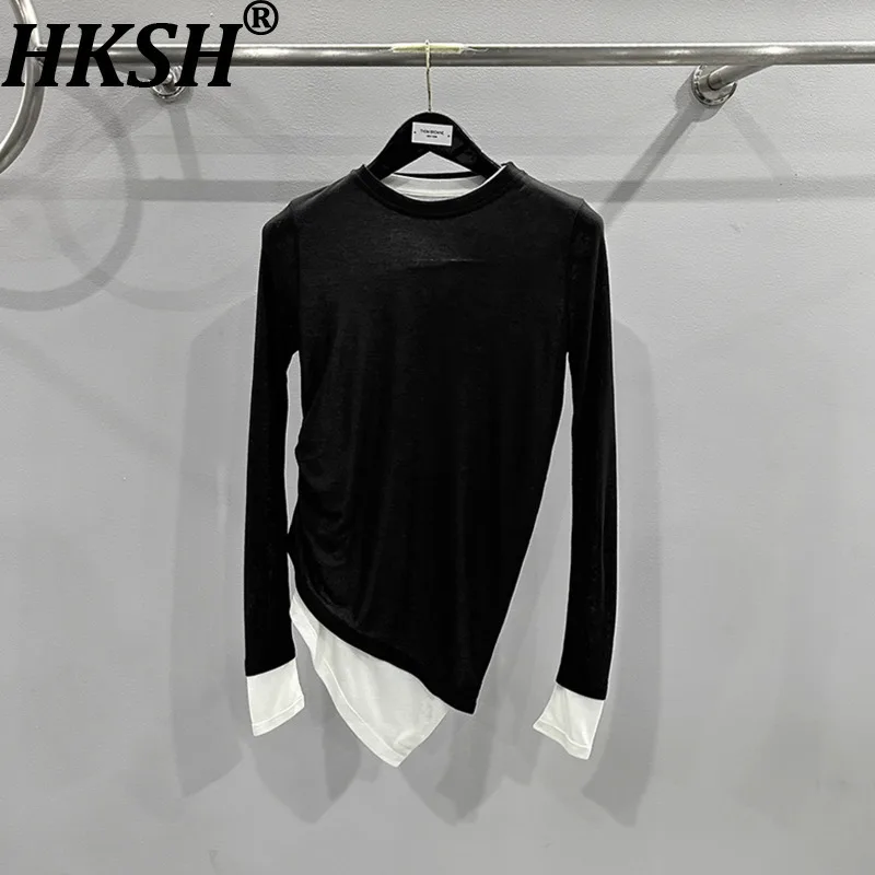 

HKSH Spring Autumn New Women's T-shirt Fake Two-Piece O-neck Long Sleeve Color Block Asymmetric Knitted Tee Dark Y2K Top HK14989