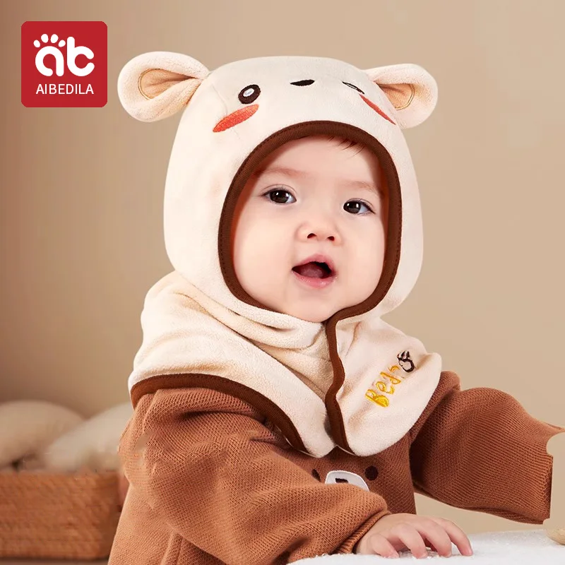 AIBEDILA Autumn Winter Newborn Baby Knitting Warm Scarf Cap Boy Girl Infant Solid Pullover Hat Kid Windproof Earmuffs Caps