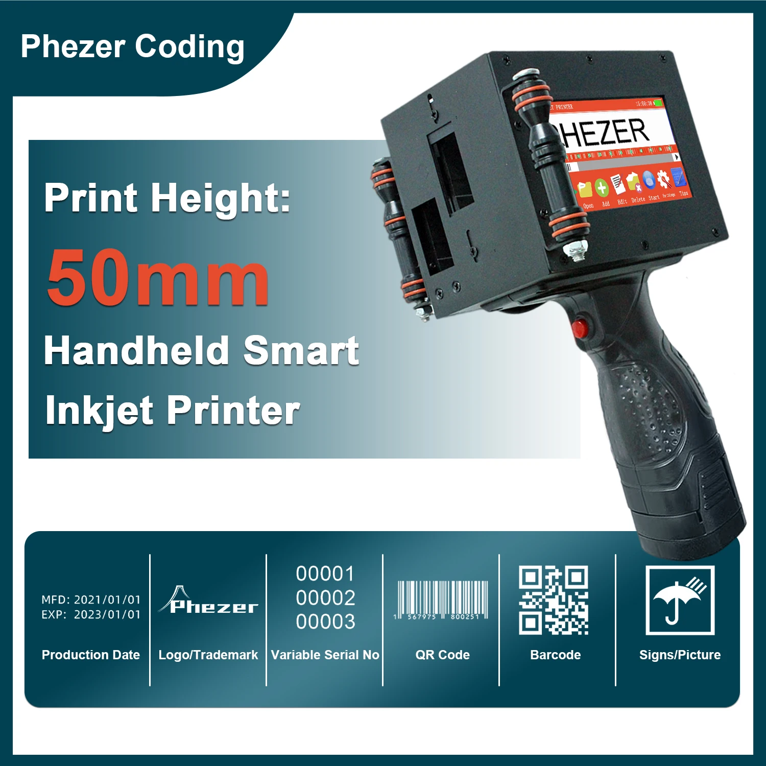 Phezer 50mm Label Printer P50 QR Bar Batch Code Date Number Logo Expiry Date Handheld Inkjet Printer 25 Languages Portable