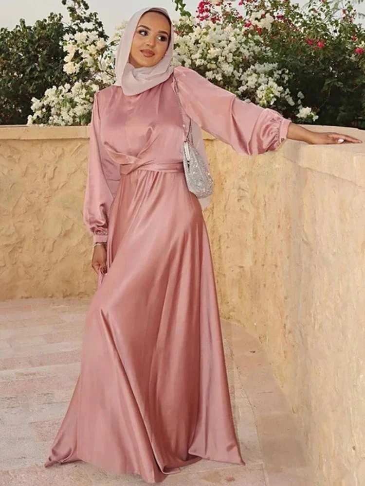 

Summer Satin Abaya Hijab Muslim Wrap Dress Eid Mubarak African Dresses for Women Dubai Abayas Turkey Islamic Modest Kaftan Robe